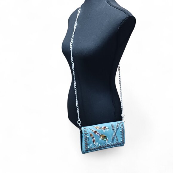 Turquoise Faux Leather Feather Arrow Convertible Wallet Clutch Crossbody - Picture 14 of 16